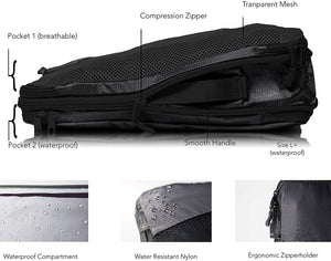 TRAVEL DUDE Organizer Valigie | Cubi con Compressione | realizzati con Bottiglie di Plastica Riciclata | Set da Viaggio per zaini o bagagli a mano | Organizer Valigia (nero / 4 parti)