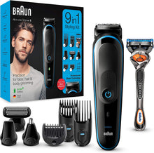 Carica l'immagine nel visualizzatore di Gallery, Braun MGK5280 Rifinitore 9-In-1 Nero/Blu, Regolabarba Uomo, Tagliacapelli E Rifinitore Corpo Con Tecnologia AutoSense E 7 Accessori, Confezione Con 85% Di Plastica In Meno, Nero/Blu