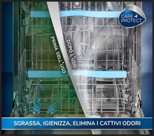 Carica l'immagine nel visualizzatore di Gallery, CARE + PROTECT 3in1 Anticalcare, Sgrassante e Igienizzante, per Lavastoviglie e Lavatrice, Universale, Originale, Professionale, in Polvere, 12 Bustine