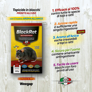 Veleno per Topi e Ratti, Esca Topicida Ratticida Professionale Potente, Novità Aroma all'Anice, Uso Esterno Interno Casa, Disinfestazione Rimedi Eliminare Roditori Azione Forte BlockRat - 300 g