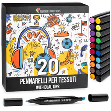 Carica l&#39;immagine nel visualizzatore di Gallery, 20 Pennarelli per tessuti e stoffe, resistenti al lavaggio (a freddo) e a doppia punta - Colori atossici per tessuti - Punte fini e cesellate per effetti multipli