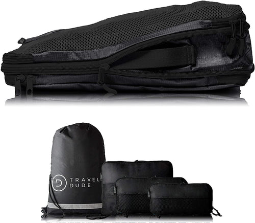 TRAVEL DUDE Organizer Valigie | Cubi con Compressione | realizzati con Bottiglie di Plastica Riciclata | Set da Viaggio per zaini o bagagli a mano | Organizer Valigia (nero / 4 parti)