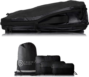 TRAVEL DUDE Organizer Valigie | Cubi con Compressione | realizzati con Bottiglie di Plastica Riciclata | Set da Viaggio per zaini o bagagli a mano | Organizer Valigia (nero / 4 parti)