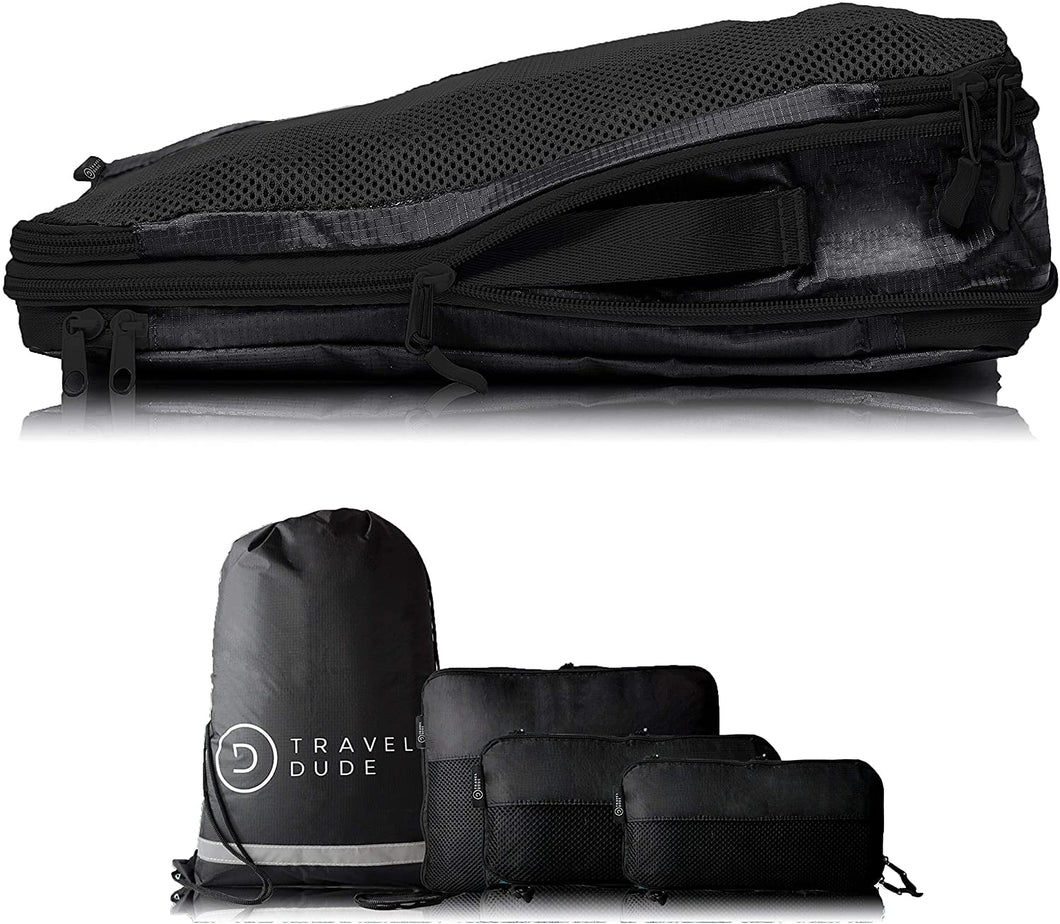 TRAVEL DUDE Organizer Valigie | Cubi con Compressione | realizzati con Bottiglie di Plastica Riciclata | Set da Viaggio per zaini o bagagli a mano | Organizer Valigia (nero / 4 parti)