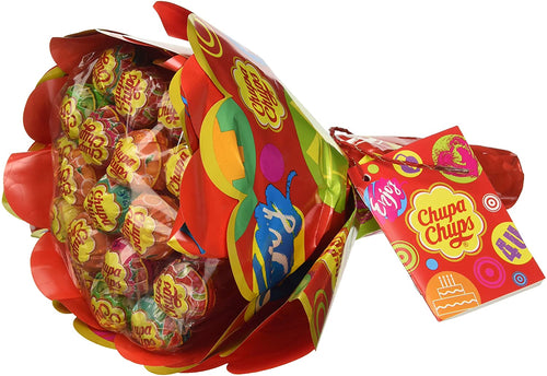 Chupa Chups Flower Bouquet, Lollipop Gusti Frutti Assortiti al Limone, Arancia, Fragola, Mela, Anguria e Ciliegia, Bouquet da 19 lecca lecca Monopezzo, Ottimo come Idea Regalo