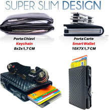Carica l'immagine nel visualizzatore di Gallery, Portafoglio Porta Carte Di Credito Uomo, Pelle e Fibra Di Carbonio Protezione RFID/NFC Anti Frode Sottile Slim Zip Portamonete Porta Tessere Documenti, Portachiavi Intelligente Smart Key organizer