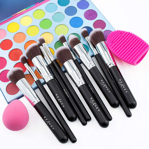 BEAKEY set di pennelli trucco Premium synthetic Kabuki fondazione cipria fard, ombretto, pennelli per trucco, kit con spugnetta e Brush Egg (10 + 2 pezzi, nero/argento)