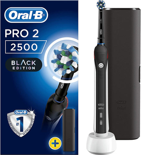 Oral-B Pro 2 2500 Crossaction Spazzolino Elettrico Ricaricabile, 1 Manico Nero, 2 Modalità tra cui Protezione Gengive, 1 Testina, Custodia da Viaggio