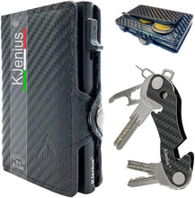 Carica l'immagine nel visualizzatore di Gallery, Portafoglio Porta Carte Di Credito Uomo, Pelle e Fibra Di Carbonio Protezione RFID/NFC Anti Frode Sottile Slim Zip Portamonete Porta Tessere Documenti, Portachiavi Intelligente Smart Key organizer
