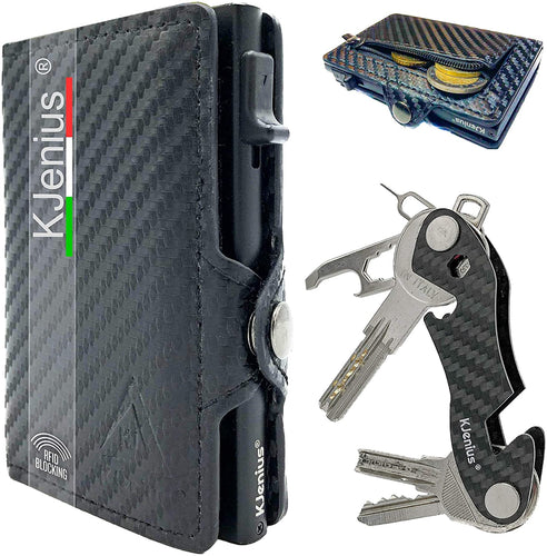 Portafoglio Porta Carte Di Credito Uomo, Pelle e Fibra Di Carbonio Protezione RFID/NFC Anti Frode Sottile Slim Zip Portamonete Porta Tessere Documenti, Portachiavi Intelligente Smart Key organizer