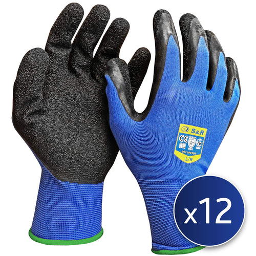 S&R Guanti da Lavoro e Giardinaggio 12 Paia fibra di Nylon con L/9, Blu/Nero