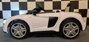 Audi R8 Spyder Macchina Elettrica per Bambini Nuovo tipo, bianco, 2x motore da 25 W, batteria da 12 V, telecomando da 2,4 Ghz