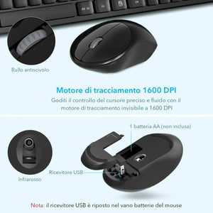 Tastiera e mouse senza fili con tastierino numerico con ricevitore nano USB Nero