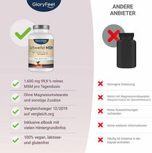 Carica l&#39;immagine nel visualizzatore di Gallery, gloryfeel Integratore MSM Metilsulfonilmetano Zolfo Organico MSM 1600mg 6mesi