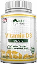 Carica l&#39;immagine nel visualizzatore di Gallery, Vitamina D3 1000UI 365 Capsule Softgel Integratore di vitamina d3 Nu U Nutrition