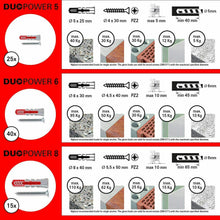 Carica l'immagine nel visualizzatore di Gallery, 80 x Tasselli con vite universali per muro, Misure da 5 6 8 mm, Fischer Duopower