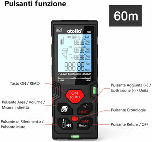 Misuratore Laser digitale con Display LCD illuminato, Telemetro fino a 60 m IP54