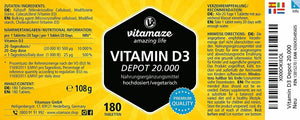 VISPURA Vitamina D3 20000UI Alto Dosaggio 180 Compresse Pura Vitamina D3