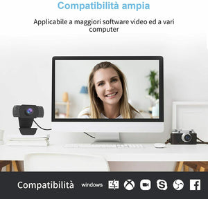 Webcam con microfono integrato per PC Laptop, Videochiamate studio con USB Nero