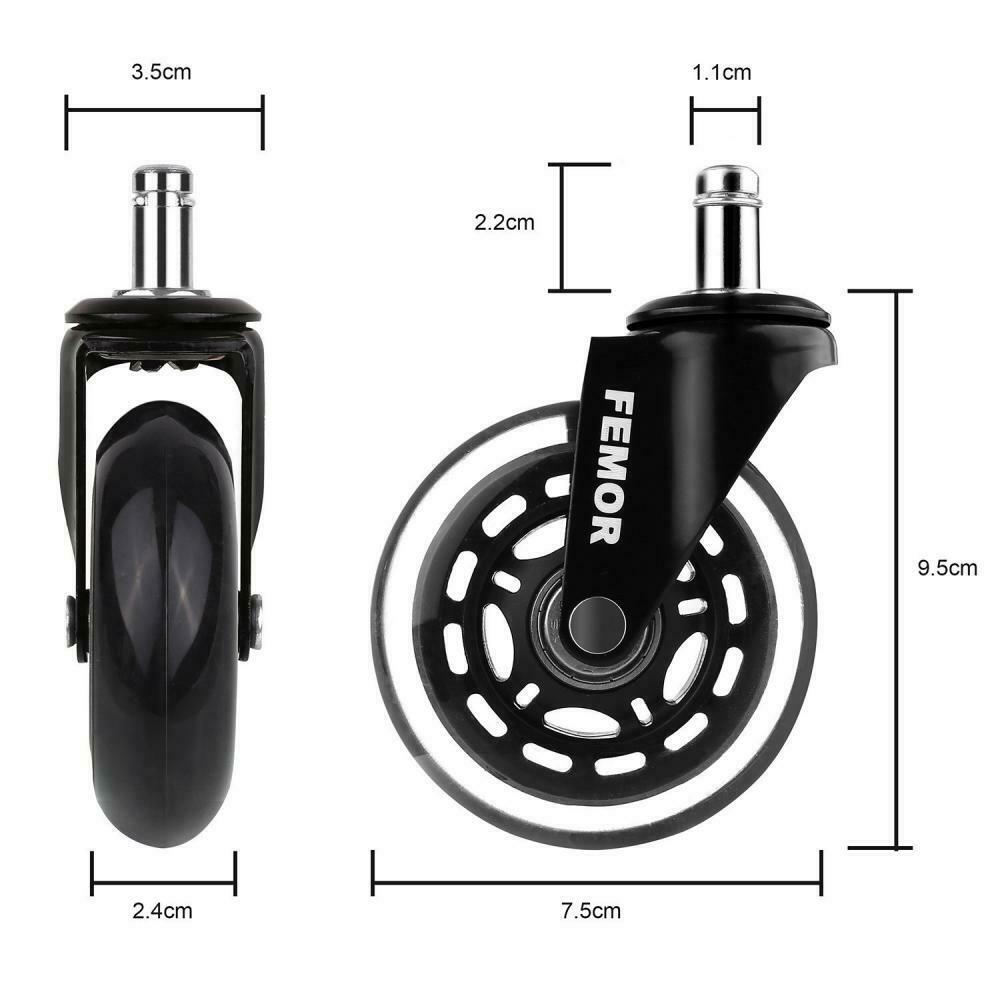 CLP Set 5 Rotelle Per Sedia Ufficio In Gomma – Perno 11x22 Mm, Silenziose, Antigraffio Per Pavimenti Duri, Portata 295 Kg, Nero