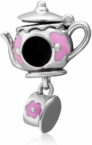 Charm a forma di teiera con tazzina decorate fiori, per braccialetti...