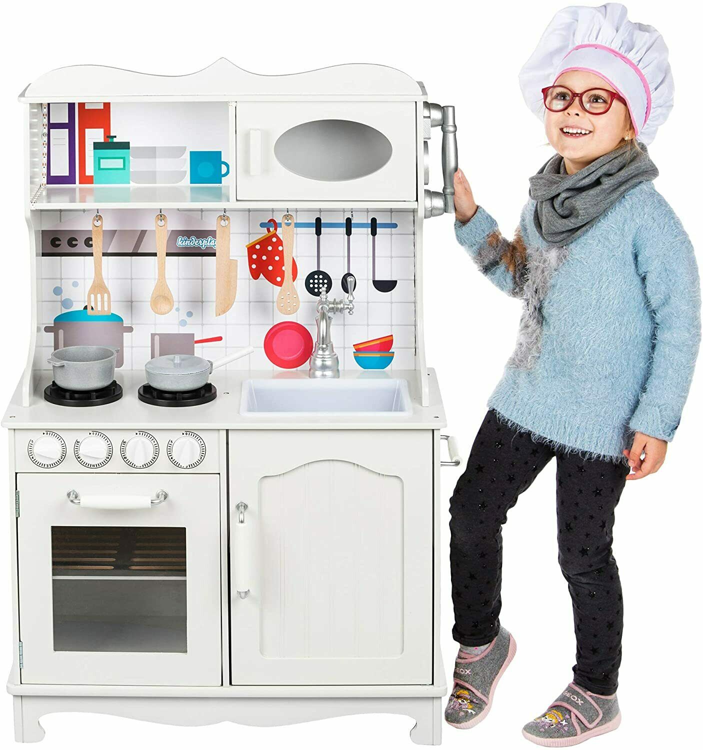 Cucina Giocattolo In Legno Per Bambini - Con Accessori (Pentole, Spatole, Grembiule), Colore Bianco, 69x30x85 Cm