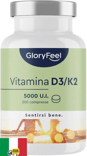 Vitamina D3 + K2 200 Compresse, 5000 UI Vitamina D, 200 µg Vitamina K, Supporto