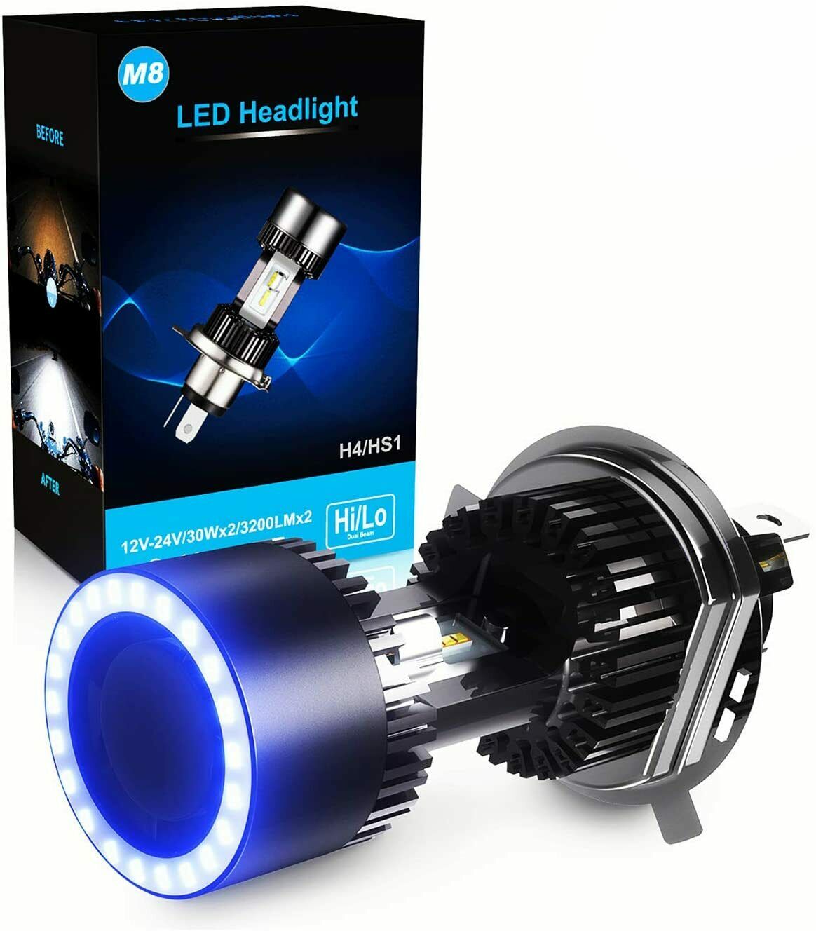 Lampadina H4 LED per Moto con Occhi Angelo, 6400LM, DC 12V 6000K, 1 La –