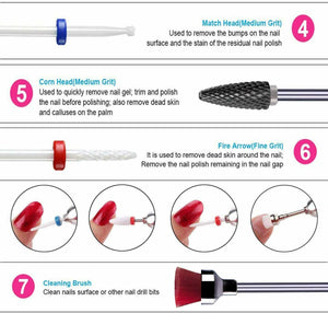 7 x Punte per fresa per unghie in ceramica per levigare rimuovere permanente Kit
