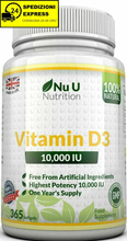 Carica l&#39;immagine nel visualizzatore di Gallery, Vitamina D3 10.000 UI 365 Capsule Softgel Integratore di vitamina d3 nu u nutri
