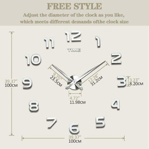 Orologio frameless da parete, Effetto 3D grande, Numeri adesivi effetto cromato
