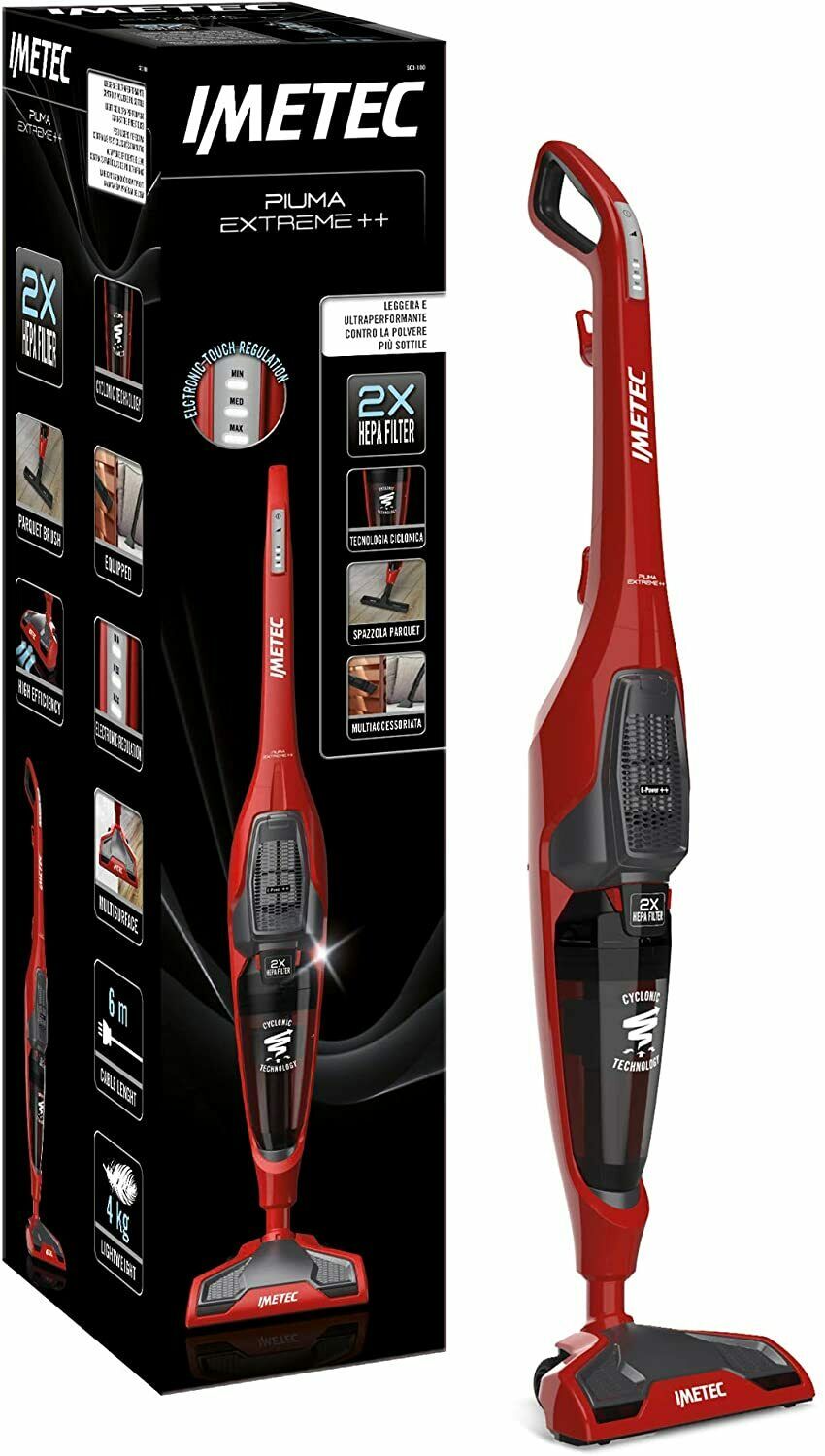 Scopa elettrica IMETEC PIUMA EXTREME SC3 600 con Filtro Hepa, Senza Sacco Rossa