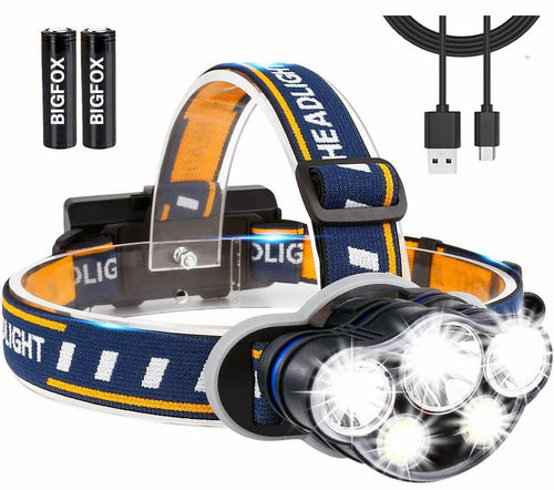Torcia Frontale LED Ricaricabile 2600 mAh Impermeabile, Regolabile per sport