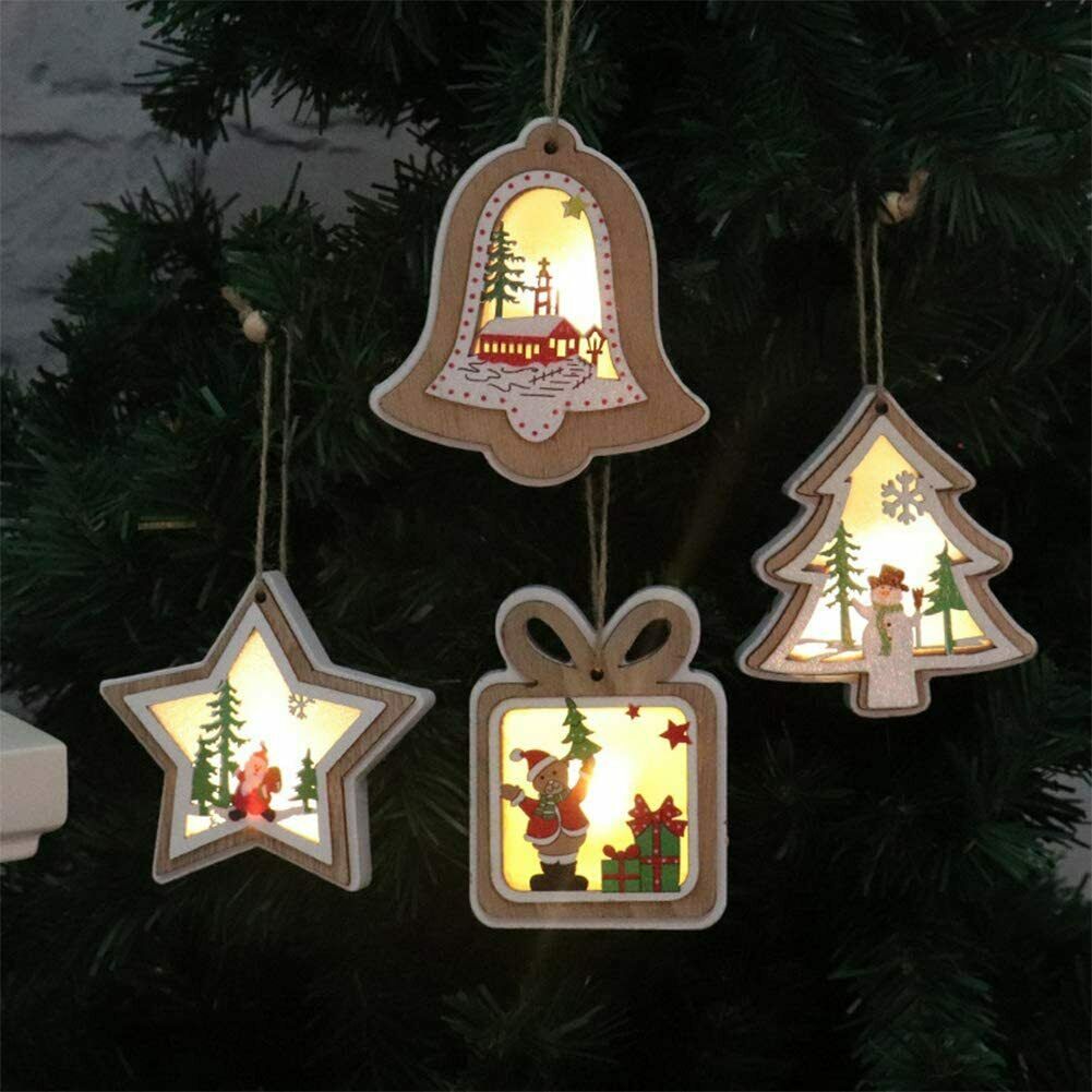 Queta, 4 decorazioni per albero di Natale a LED, in legno, per...