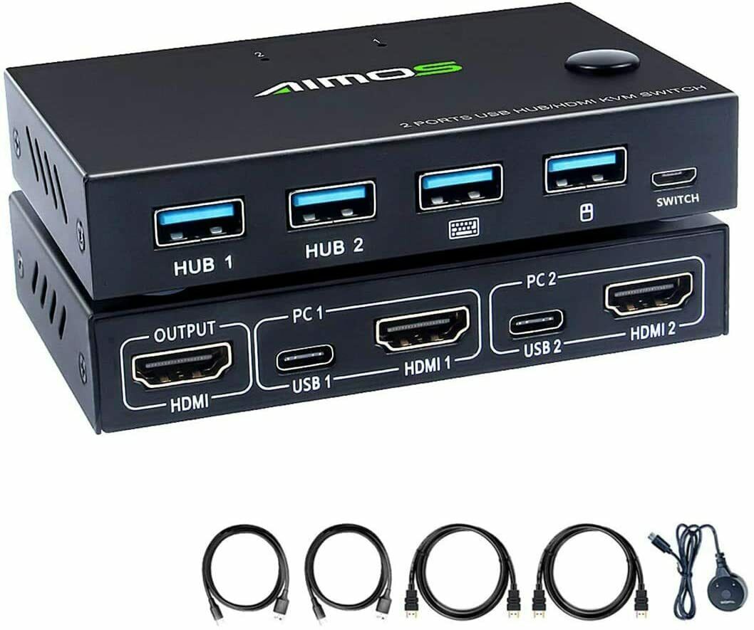 AIMOS Switch HDMI KVM 2 Porte USB Commutatore Supporto 4K @ 30Hz, Tasto di...