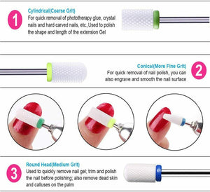 7 x Punte per fresa per unghie in ceramica per levigare rimuovere permanente Kit