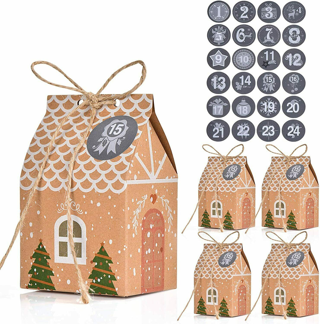 24 x Scatole a forma di casetta, Confezioni regalo per Natale + Adesivi numerati