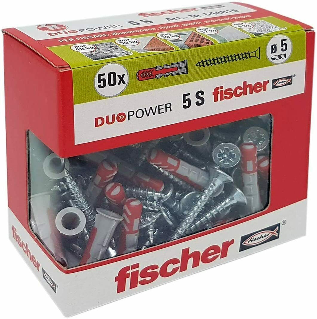 50 x Tasselli da 5 x 25 mm per muro pieno mattone forato Fischer Duopower vite