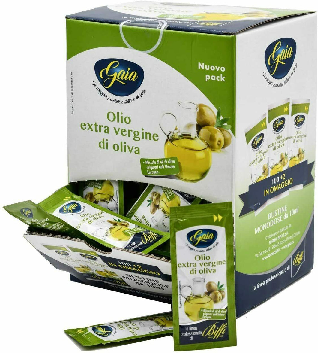 102 x Bustine di olio extra vergine di oliva da 10 ml, Bustine monodose Gaia