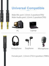Carica l&#39;immagine nel visualizzatore di Gallery, Sdoppiatore per cuffie e microfono, Adattatore splitter attacco jack 3.5 mm 3pin