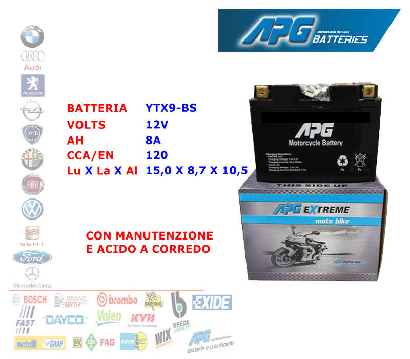 BATTERIA MOTO SCOOTER QUAD 12V 8A CCA/EN 120 YTX9-BS APG EXTREME XETX9BS
