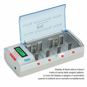 Caricabatterie per Pile Ricaricabili Stilo AA/AAA/D/C/9V Con Display LCD