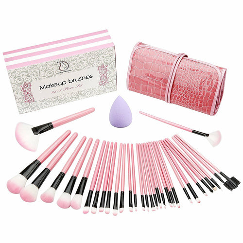 32 Pennelli da trucco Professionali, Con Custodia Rosa e Spugna Blender