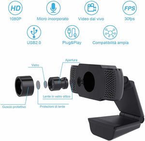 Webcam con microfono integrato per PC Laptop, Videochiamate studio con USB Nero