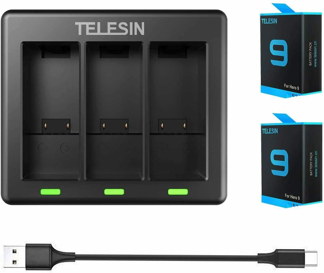 2 x Batterie con Caricabatterie Triplo per Gopro HERO 9 black, Capacità 1750 mAh