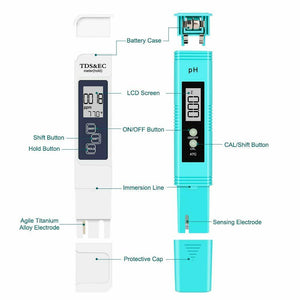 2 x Tester di misurazione qualità dell'acqua PH TDS&EC Temperatura, Display LCD