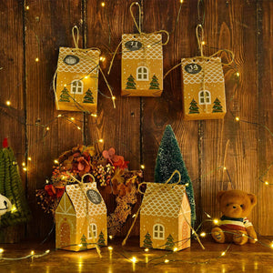 24 x Scatole a forma di casetta, Confezioni regalo per Natale + Adesivi numerati