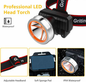 Lampada frontale ricaricabile tramite USB, Super luminosa 2000 Lm, Regolabile