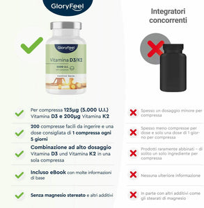Vitamina D3 + K2 200 Compresse, 5000 UI Vitamina D, 200 µg Vitamina K, Supporto