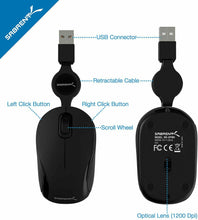 Carica l&#39;immagine nel visualizzatore di Gallery, Mini Mouse da portatile Viaggio USB Sabrent con cavo retrattile, 1200 DPI, Nero